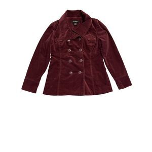 Calvin Klein Jeans Velvet Peacoat Women Medium Burgundy Double Breasted Jacket